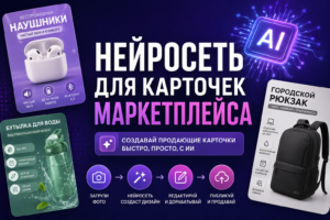Баннер сервиса «Нейросеть для карточек маркетплейса» с примерами инфографики для наушников, бутылки для воды и рюкзака.