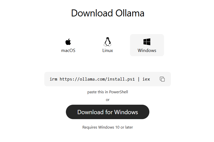 Экран загрузки Ollama с опциями для macOS, Linux и Windows, с выделением Windows и командой установки для PowerShell.