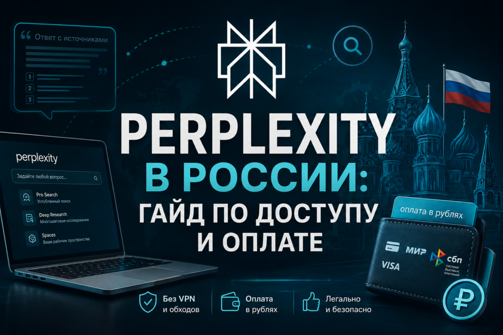 Иллюстрация к гайду по использованию ИИ-поисковика Perplexity в России: интерфейс нейросети на ноутбуке, оплата подписки в рублях картами МИР, Visa, СБП и без VPN.