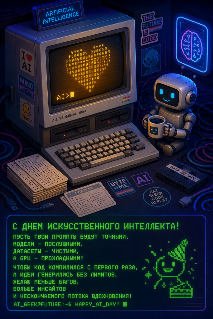 Ретро-компьютер с изображением сердечка из символов на экране и улыбающийся робот с кружкой в руке, окружённые наклейками и кассетами с темой искусственного интеллекта.