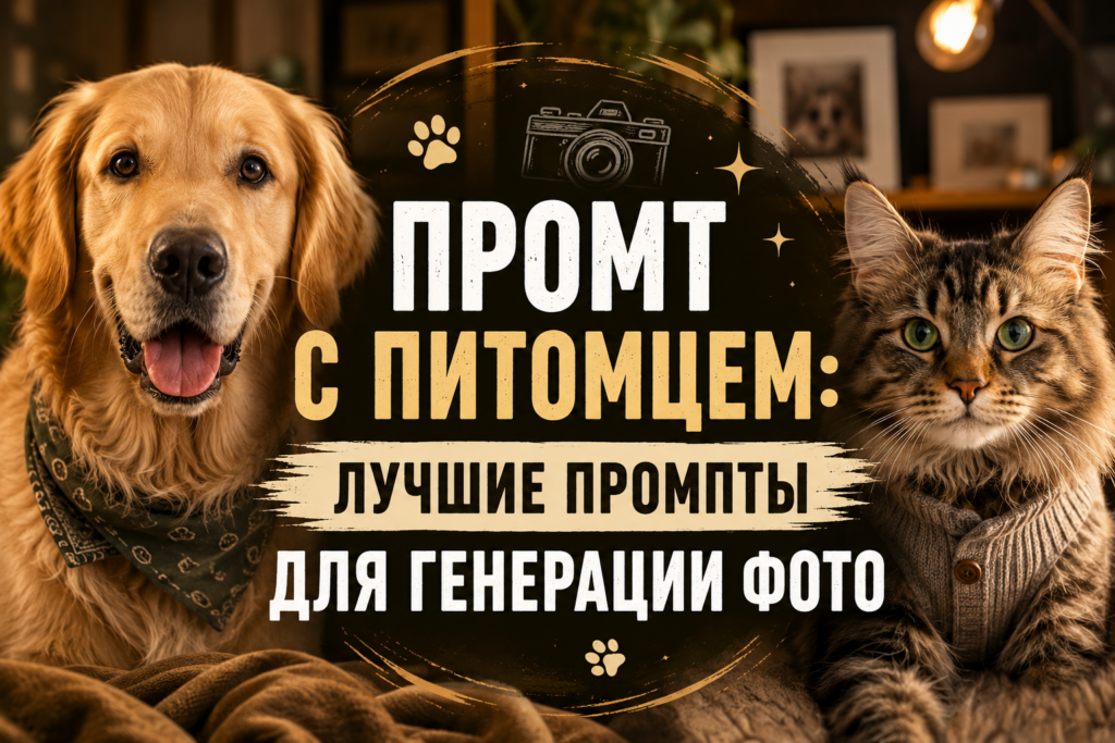 Золотистый ретривер и пушистый полосатый кот сидят рядом. По центру — круглый логотип с надписью «Промт с питомцем: лучшие промты для генерации фото» и иконкой фотоаппарата.