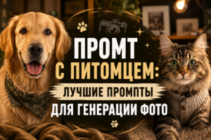 Золотистый ретривер и пушистый полосатый кот сидят рядом. По центру — круглый логотип с надписью «Промт с питомцем: лучшие промты для генерации фото» и иконкой фотоаппарата.