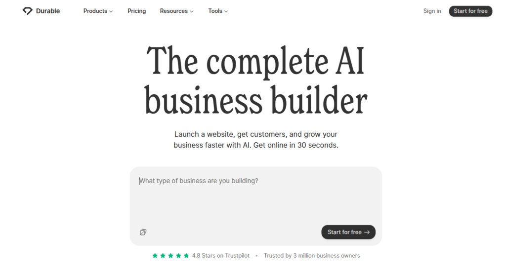 Главная страница сайта Durable с заголовком The complete AI business builder и полем ввода для создания бизнеса за 30 секунд.