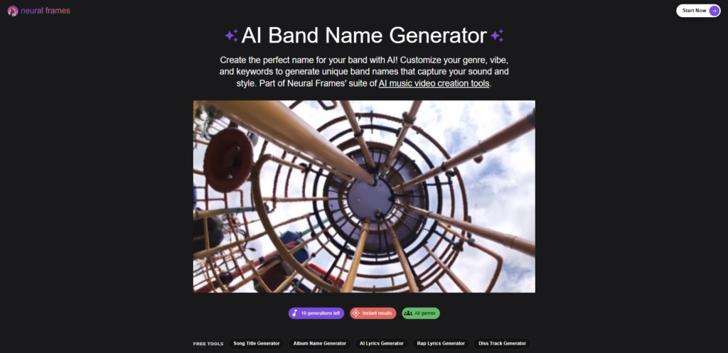 Интерфейс бесплатного онлайн генератора названий музыкальных групп AI Band Name Generator от Neural Frames.