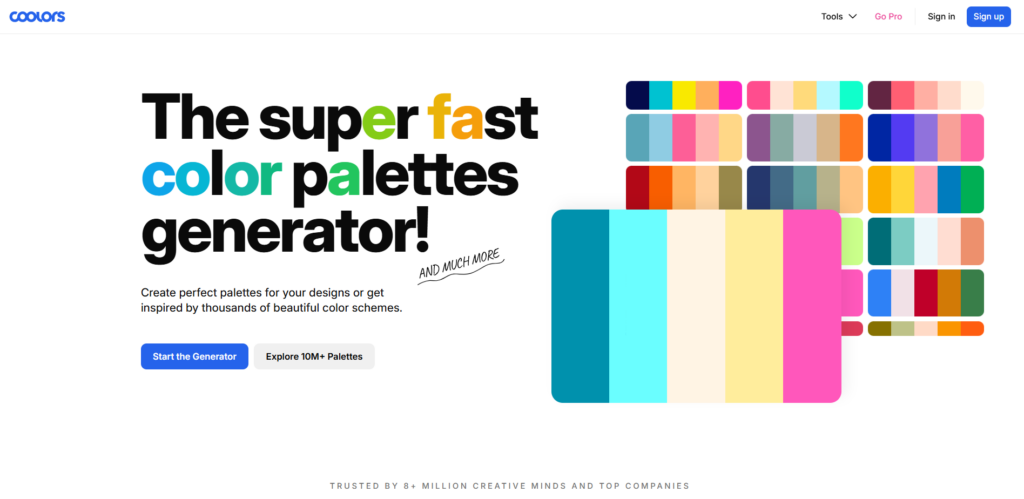 Главная страница онлайн-генератора палитр Coolors с крупным текстом «The super fast color palettes generator!» и примерами готовых цветовых схем в карточках.