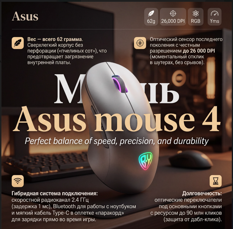Пример готовой карточки товара игровой компьютерной мыши Asus mouse 4 с инфографикой и характеристиками.