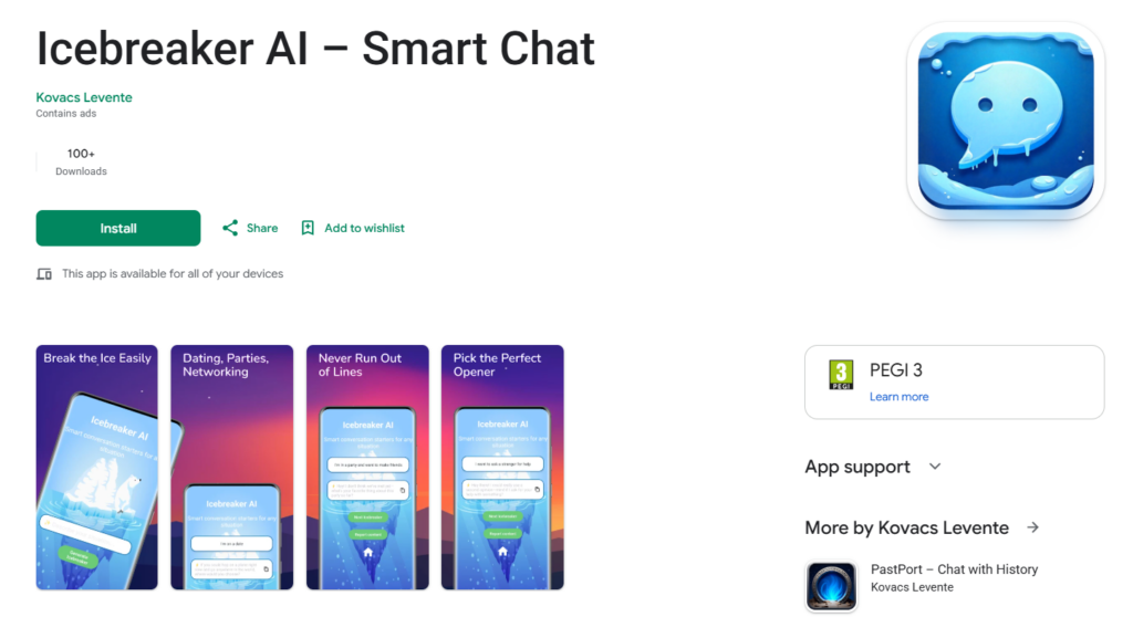 Скриншот страницы Icebreaker AI – Smart Chat в Google Play с примерами фраз для быстрого знакомства.