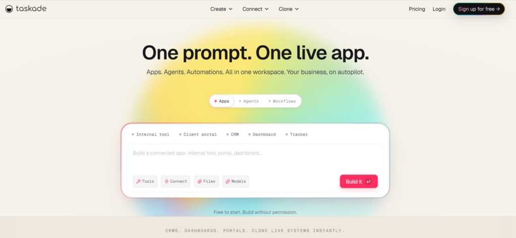 Интерфейс платформы Taskade с функцией создания приложений, агентов и рабочих процессов по одному ИИ-промту.