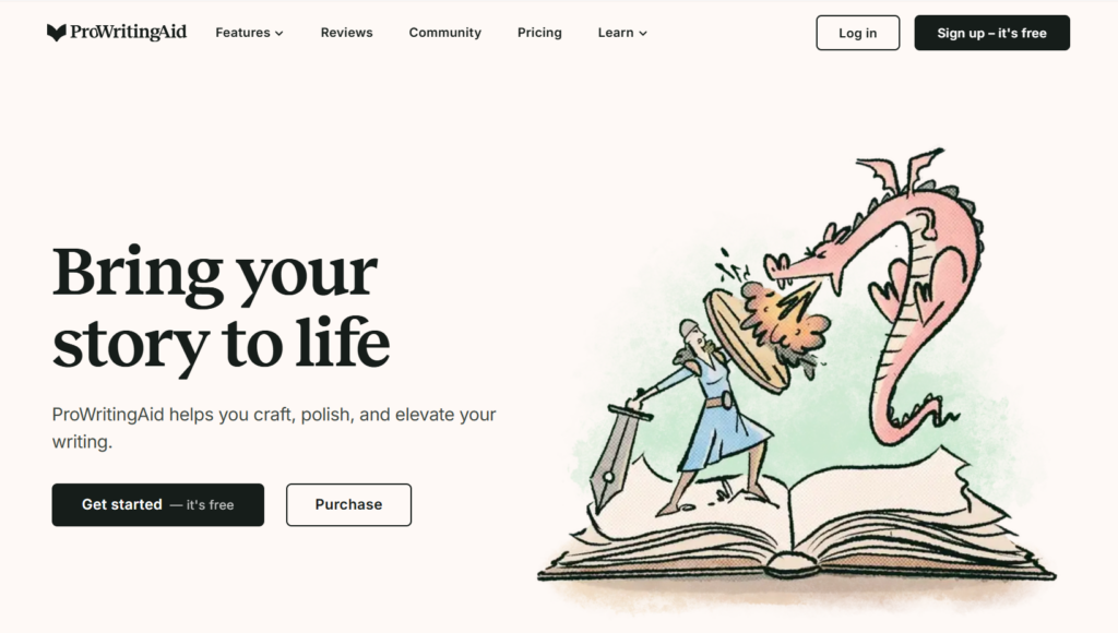 Главная страница ProWritingAid с красочной иллюстрацией рыцаря и дракона на развороте книги.