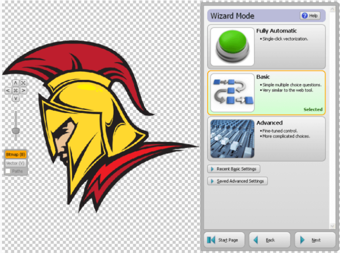 Мастер настроек трассировки Wizard Mode в Vector Magic с режимами Fully Automatic, Basic и Advanced.