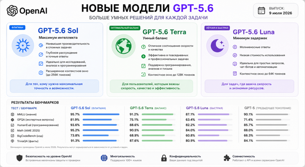 Таблица характеристик и результатов бенчмарков новых моделей OpenAI — GPT-5.6 Sol, GPT-5.6 Terra и GPT-5.6 Luna в сравнении с предыдущим поколением GPT-5. Выпуск от 9 июля 2026 года.