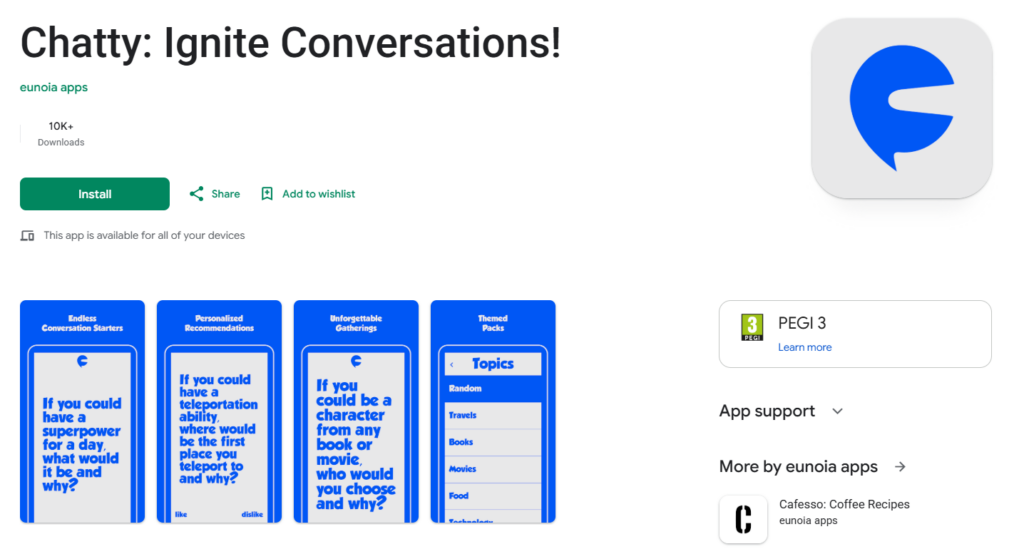 Скриншот страницы приложения Chatty: Ignite Conversations в Google Play со списками карточек для начала беседы.