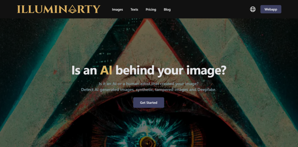 Главная страница детектора ИИ-изображений Illuminarty с надписью Is an AI behind your image.