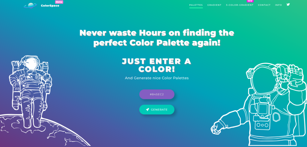 Скриншот сайта ColorSpace с космическим дизайном и космонавтами, предлагающий ввести HEX-код цвета для мгновенной генерации красивой палитры и градиентов.