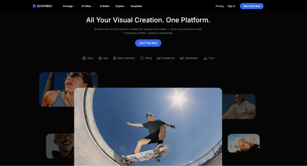 Главная страница платформы DaVinci AI для создания визуального контента