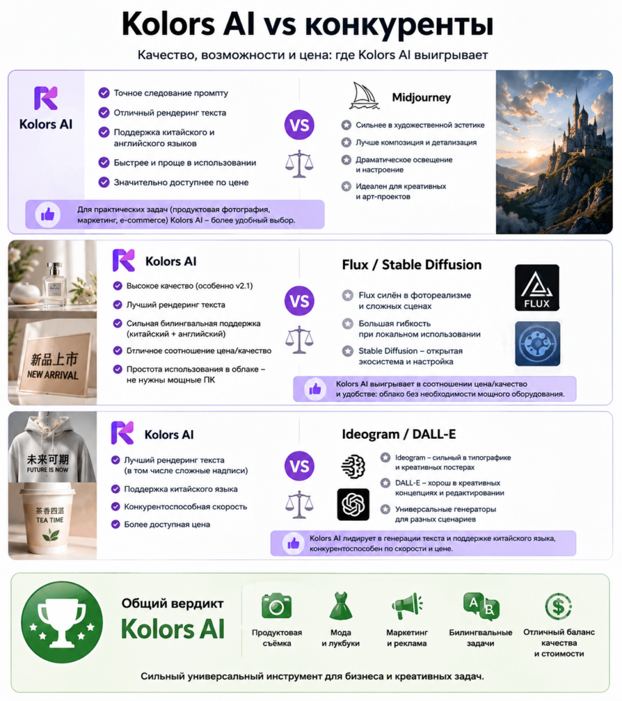 Инфографика сравнения нейросети Kolors AI с конкурентами Midjourney, Flux, Stable Diffusion, Ideogram и DALL-E на русском языке