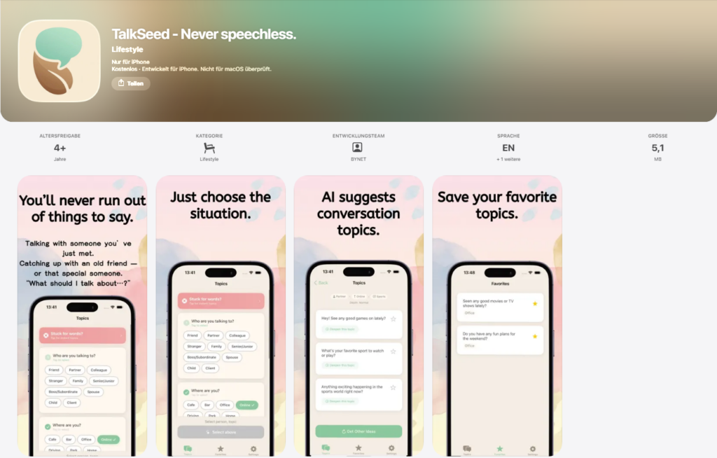 Скриншоты интерфейса мобильного приложения TalkSpeed — Never speechless для iPhone с генерацией тем на базе ИИ.