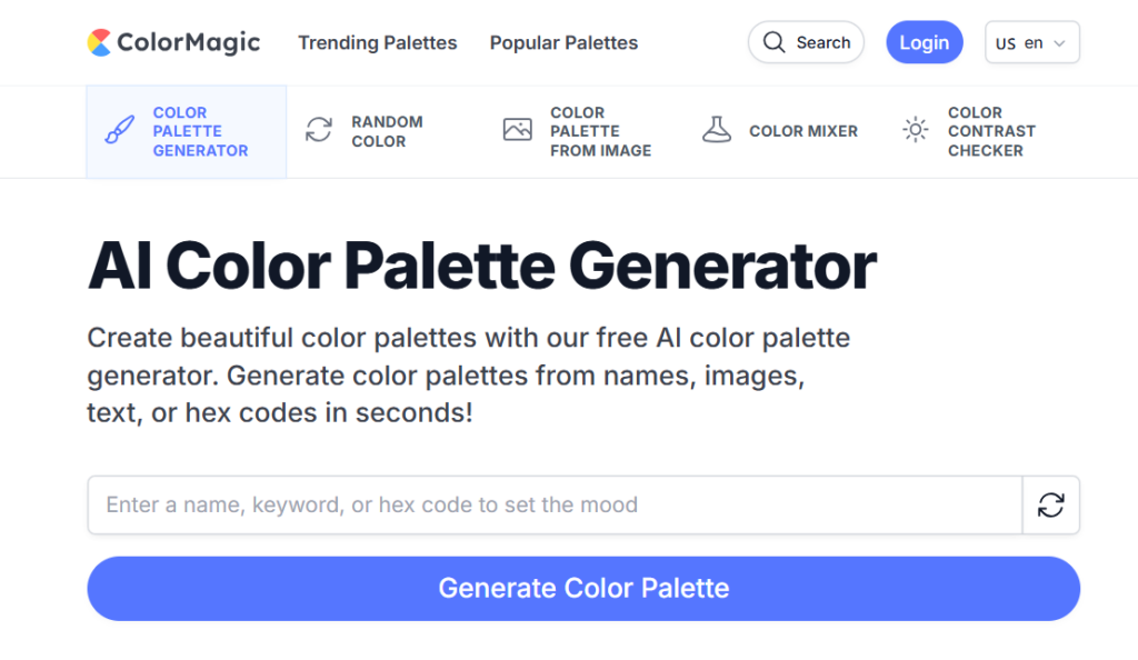 Светлый интерфейс бесплатного ИИ-генератора ColorMagic со строкой ввода для текстового запроса, названия или HEX-кода для создания палитры под настроение.