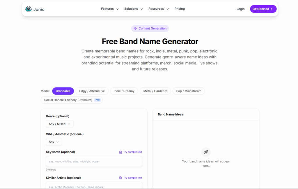 Онлайн сервис Junia Free Band Name Generator для создания названий рок, инди и метал групп с помощью искусственного интеллекта.
