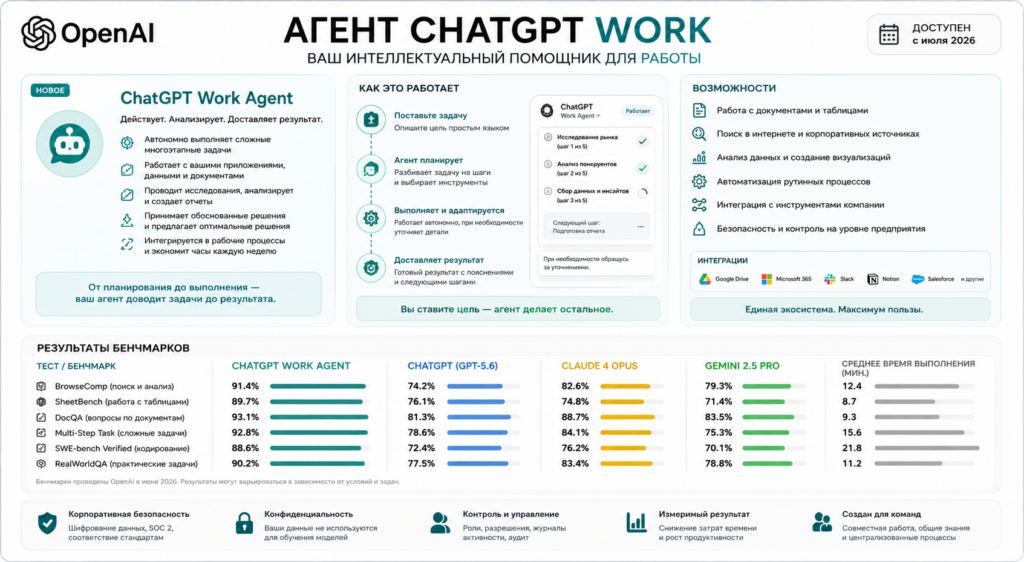 Инфографика «Агент ChatGPT Work» от OpenAI с результатами бенчмарков (июль 2026). Схемы работы, возможности интеграции с Google Drive, Slack, Notion и таблица сравнения производительности с Claude 4 Opus и Gemini 2.5 Pro.