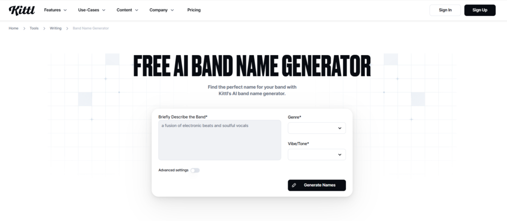 Бесплатный ИИ генератор названий Free AI Band Name Generator на сайте Kittl с формой описания группы и выбора жанра.