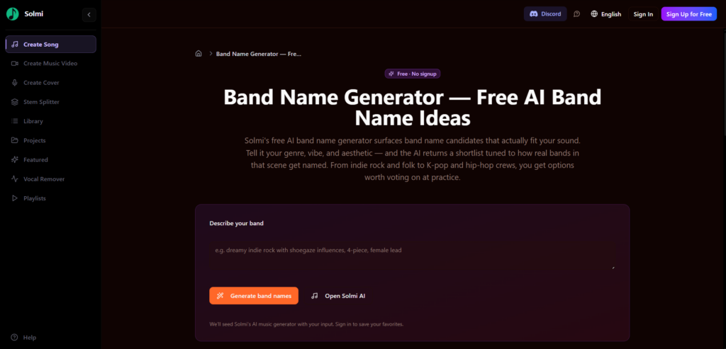 Панель ввода описания группы в бесплатном ИИ генераторе Solmi Band Name Generator.