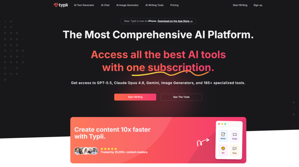 Главная страница ИИ платформы Typli для генерации текста, картинок и чат-ботов с поддержкой современных нейросетей.