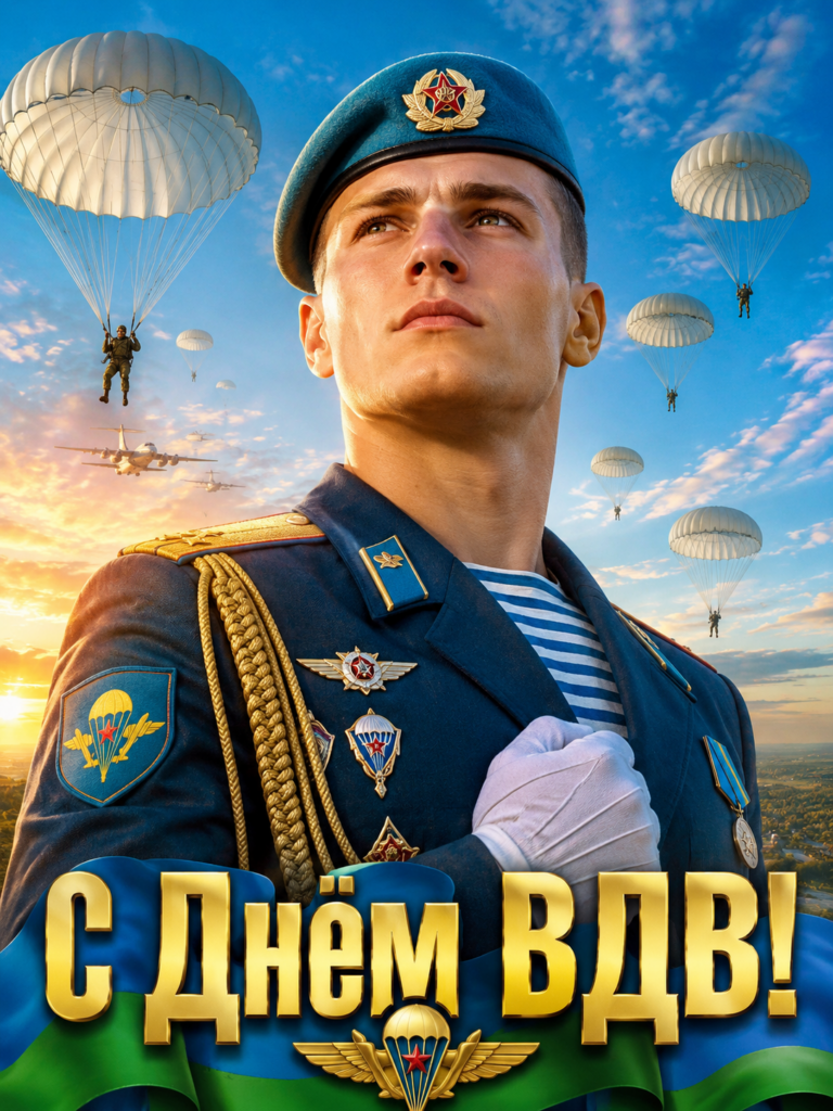 Молодой военнослужащий Воздушно-десантных войск России в форме с береткой на фоне неба с парашютистами и самолетами.