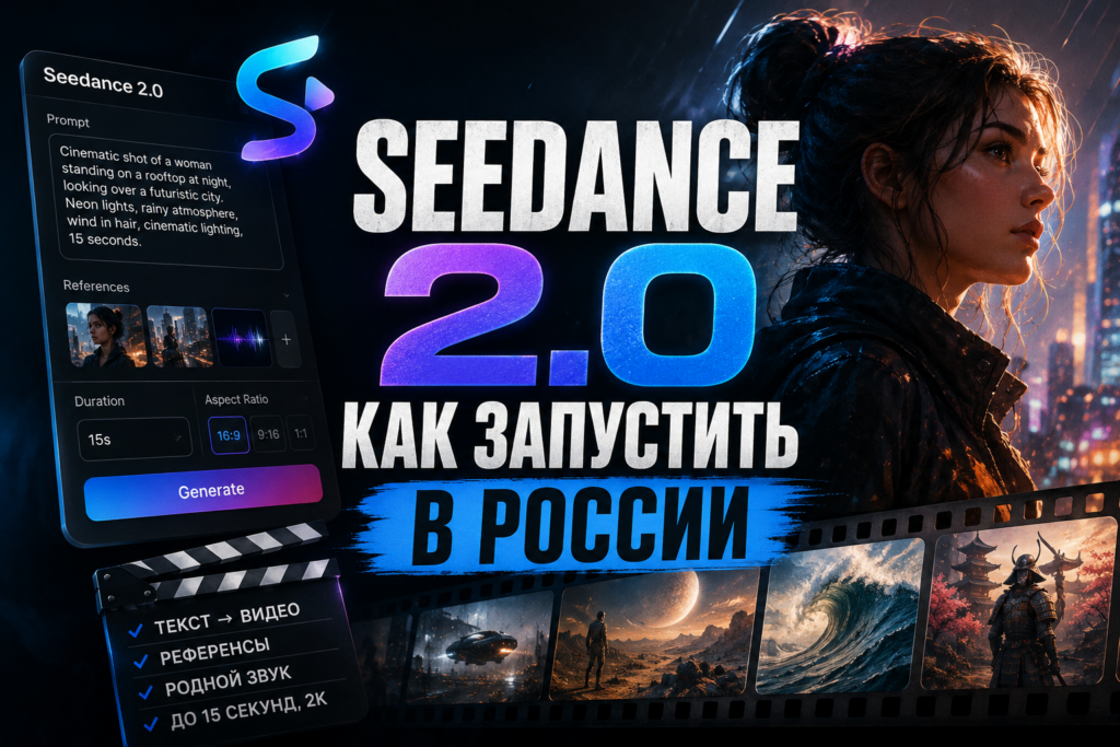 Интерфейс приложения Seedance 2.0 на русском языке с изображением девушки на фоне ночного города и элементов киноиндустрии, включая панель генерации видео и кадры фильмов.