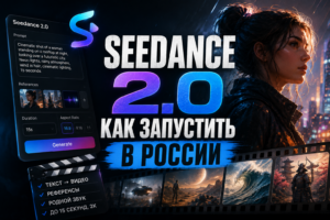 Интерфейс приложения Seedance 2.0 на русском языке с изображением девушки на фоне ночного города и элементов киноиндустрии, включая панель генерации видео и кадры фильмов.