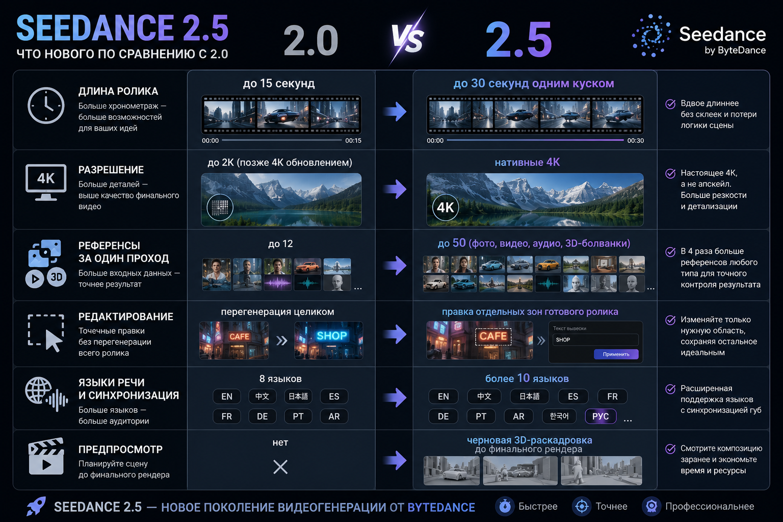 Сравнительная инфографика Seedance 2.5 и 2.0 с ключевыми улучшениями и новыми функциями