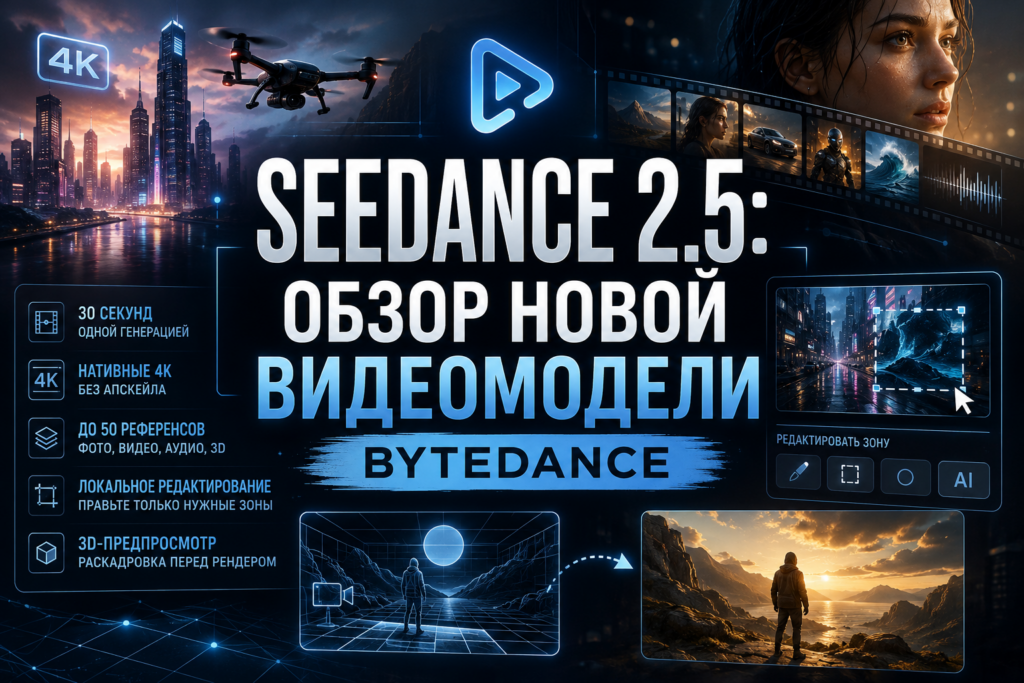 Обложка обзора нейросети для генерации видео Seedance 2.5 от Bytedance с функциями нативного 4K, локального редактирования и 3D-предпросмотра.