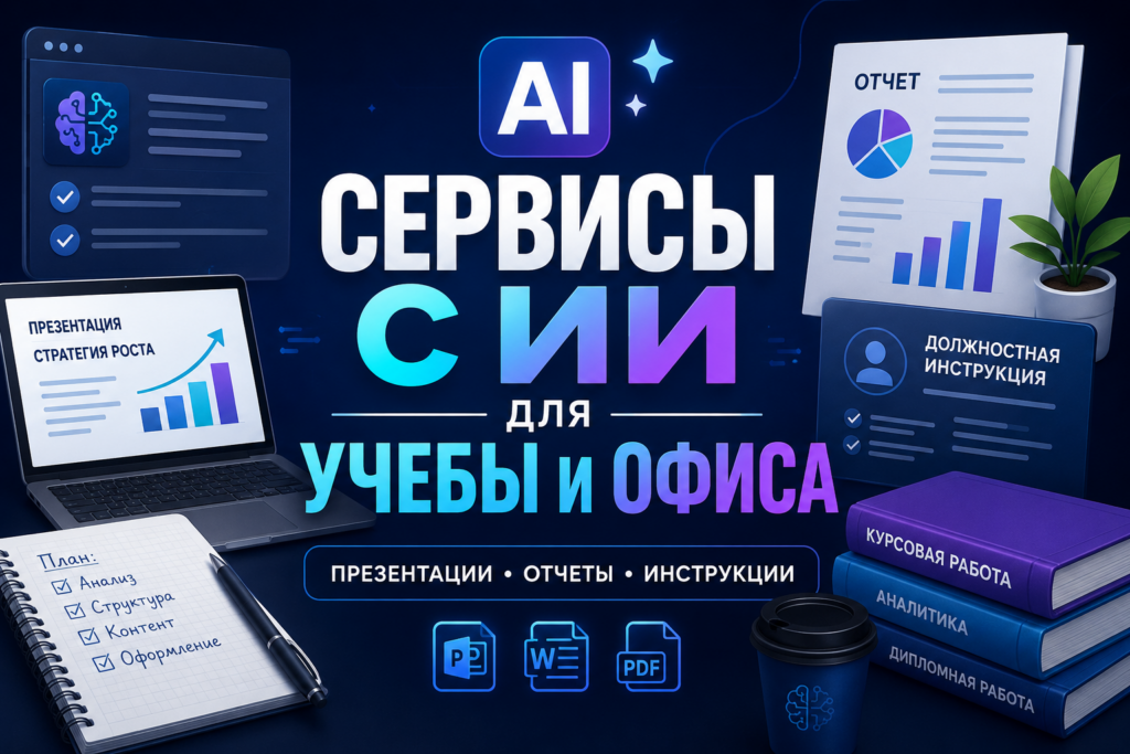 Яркий 3D-баннер с надписью Сервисы с ИИ для учебы и офиса, ноутбуком, отчетами и стопкой книг.