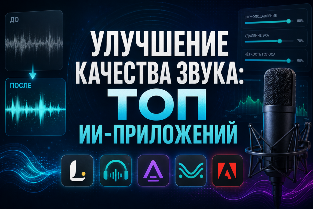 Изображение с улучшением качества звука с помощью ИИ-приложений, показывающее звуковые волны до и после обработки, а также иконки приложений и микрофон.