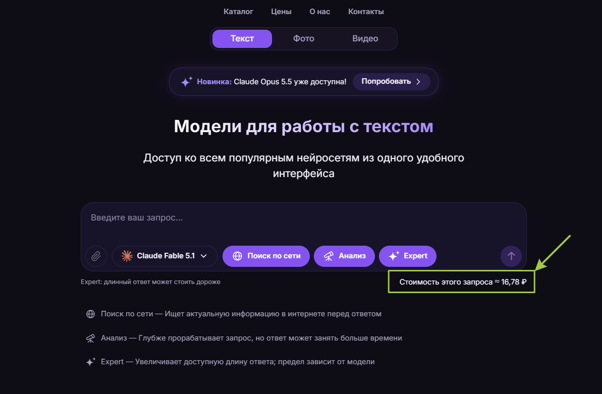 Скриншот интерфейса модели для работы с текстом на русском языке с ценой запроса около 16,78 рублей