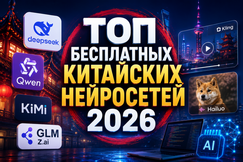 Коллаж с логотипами китайских нейросетей на фоне ночного города и традиционного китайского здания, с надписью 'ТОП бесплатных китайских нейросетей 2026'.