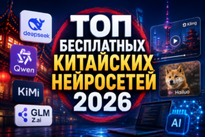 Коллаж с логотипами китайских нейросетей на фоне ночного города и традиционного китайского здания, с надписью 'ТОП бесплатных китайских нейросетей 2026'.