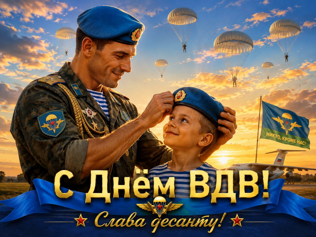 Военный в форме ВДВ надевает берет на голову маленькому мальчику на фоне заката, парашютисты спускаются с неба, рядом развевается флаг ВДВ.