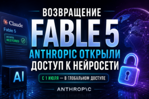 Баннер на русском языке с текстом «Возвращение Fable 5. Anthropic открыли доступ к нейросети». На изображении показан интерфейс Claude, логотип AI, светящийся замок и планета Земля в киберпанк-стиле.