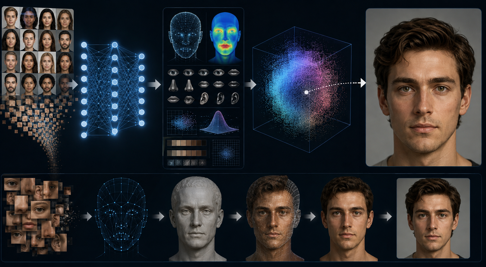 Иллюстрация процесса создания и генерации 3D-модели лица с использованием нейронных сетей и анализа признаков лица.