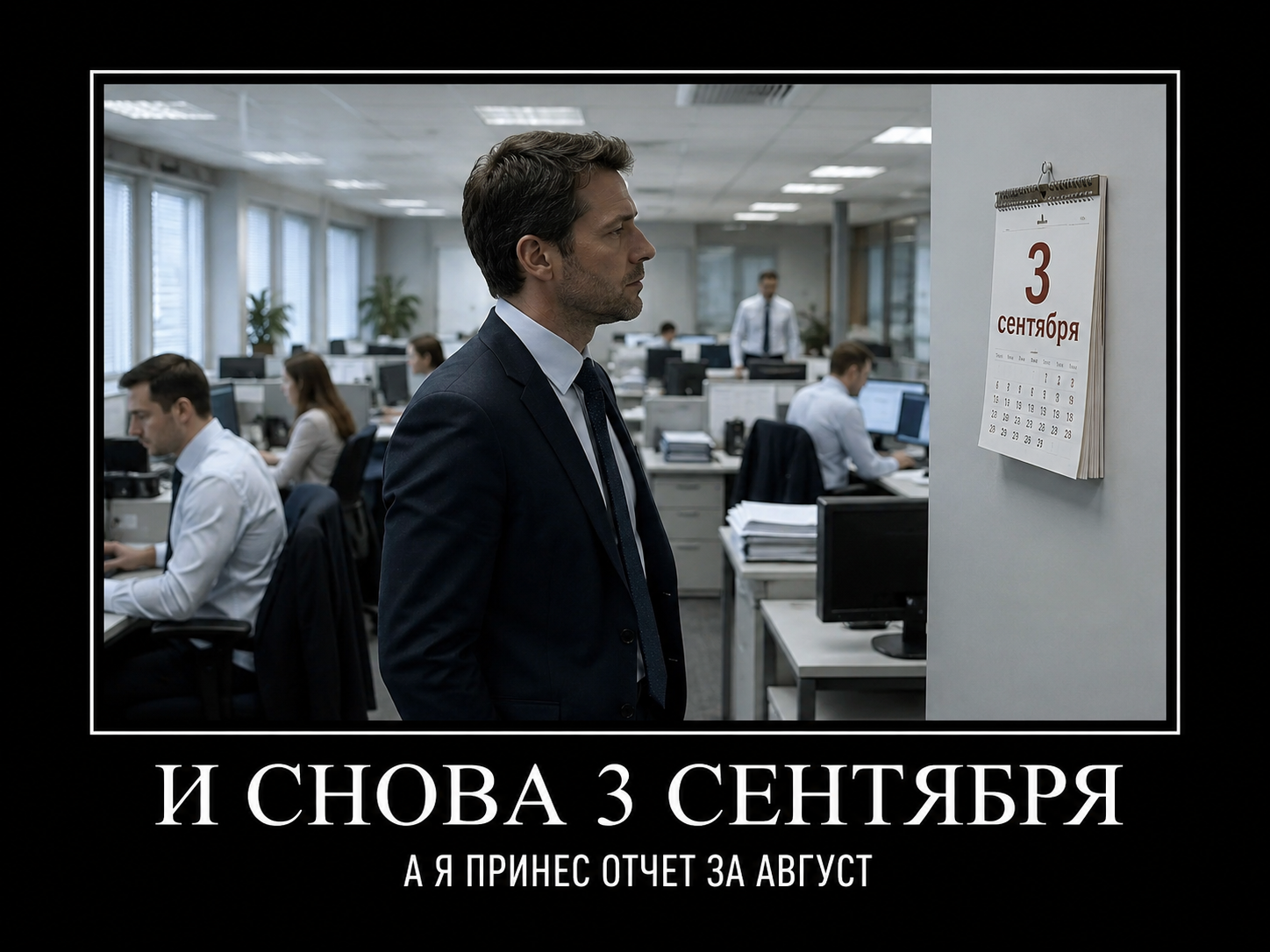 Мужчина в офисе смотрит на календарь с датой 3 сентября в окружении коллег, работающих за компьютерами.