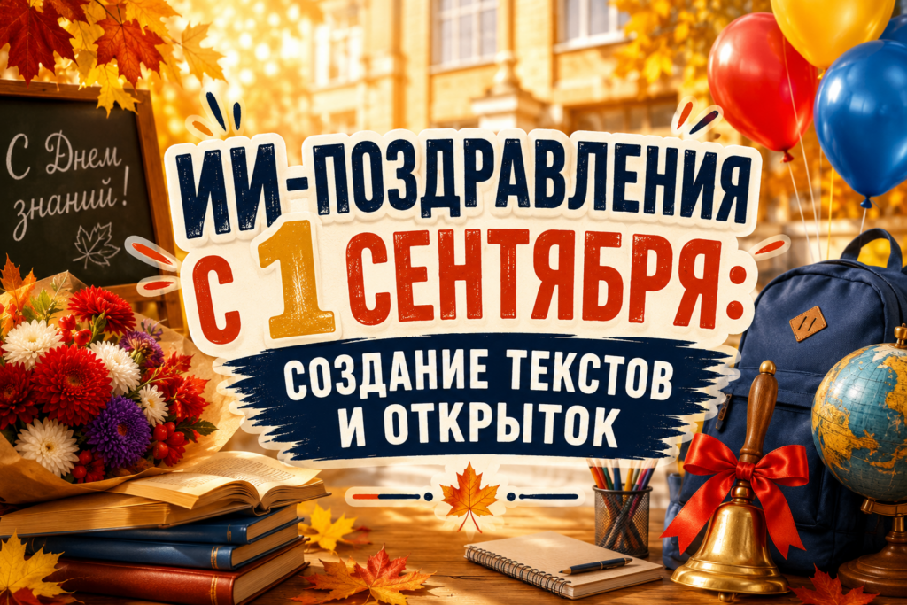 Осенняя композиция с букетом цветов, книгами, школьным рюкзаком, глобусом и школьным звонком на фоне осенних листьев и здания, с надписью "ИИ-поздравления с 1 сентября: создание текстов и открыток".