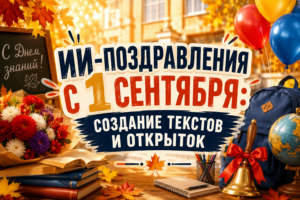 Осенняя композиция с букетом цветов, книгами, школьным рюкзаком, глобусом и школьным звонком на фоне осенних листьев и здания, с надписью "ИИ-поздравления с 1 сентября: создание текстов и открыток".