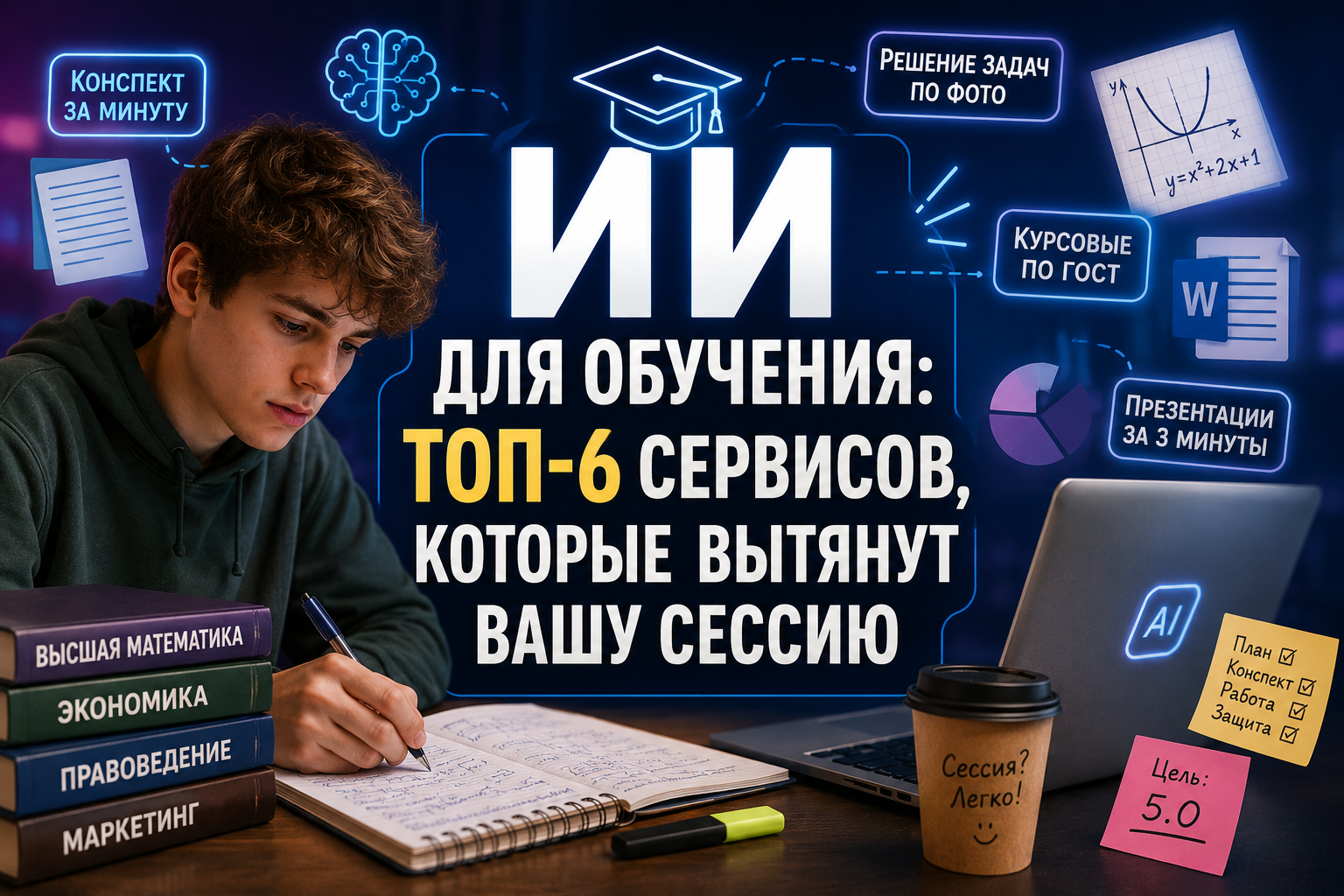 Молодой человек, делающий записи в тетради, окружен учебными материалами и ноутбуком с надписью AI, а рядом заголовок о топ-6 сервисах искусственного интеллекта для обучения, помогающих справиться с сессией.