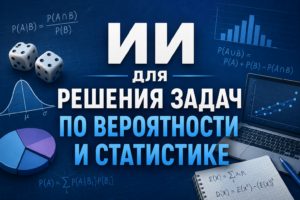 Обучающий баннер с надписью ИИ для решения задач по вероятности и статистике, на фоне графиков, формул, игральных кубиков и ноутбука.