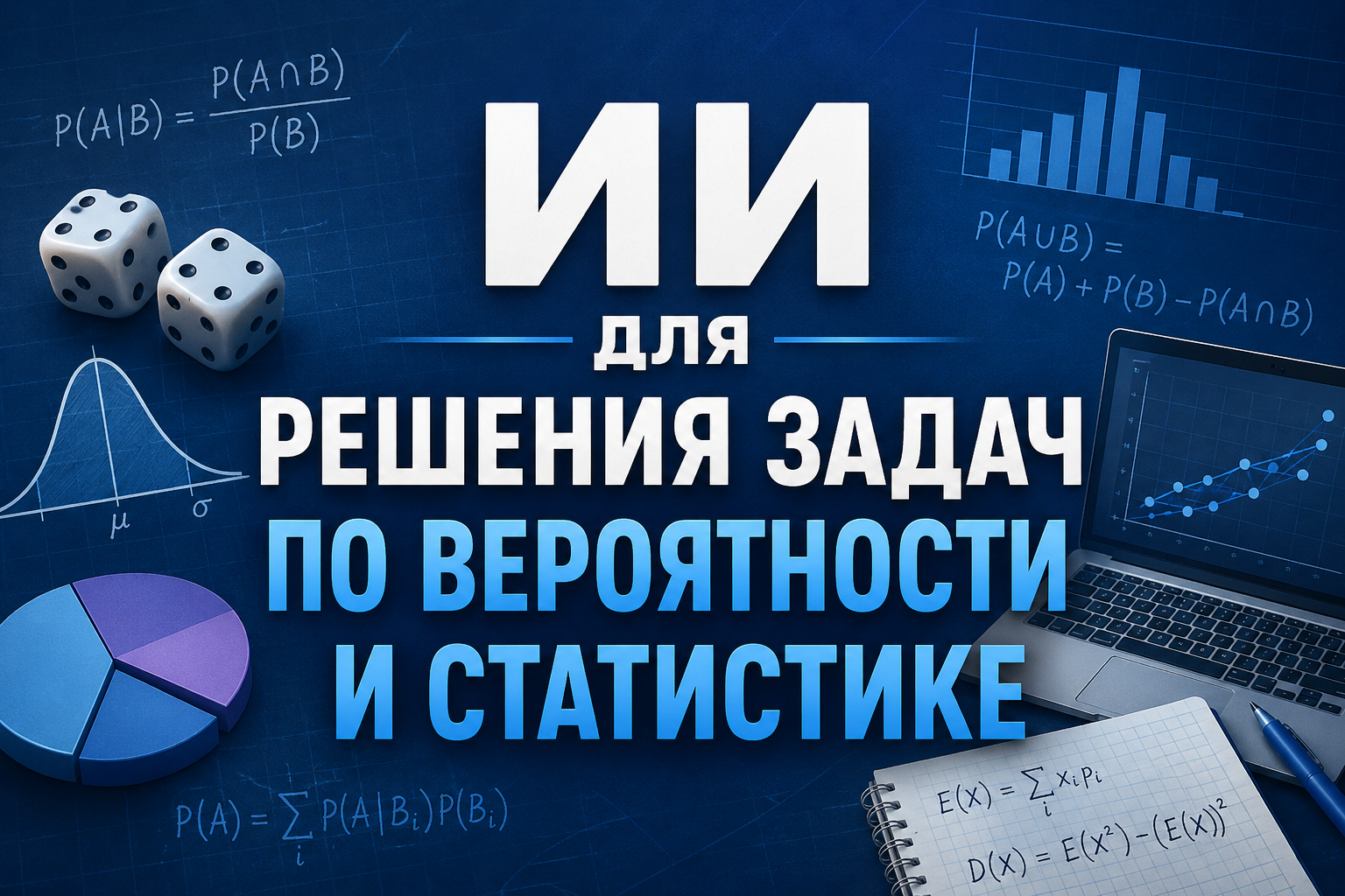 Обучающий баннер с надписью ИИ для решения задач по вероятности и статистике, на фоне графиков, формул, игральных кубиков и ноутбука.