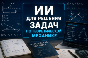 Учебные материалы по теоретической механике с формулами, графиками и уравнениями на учебных тетрадях, книге и экране ноутбука.