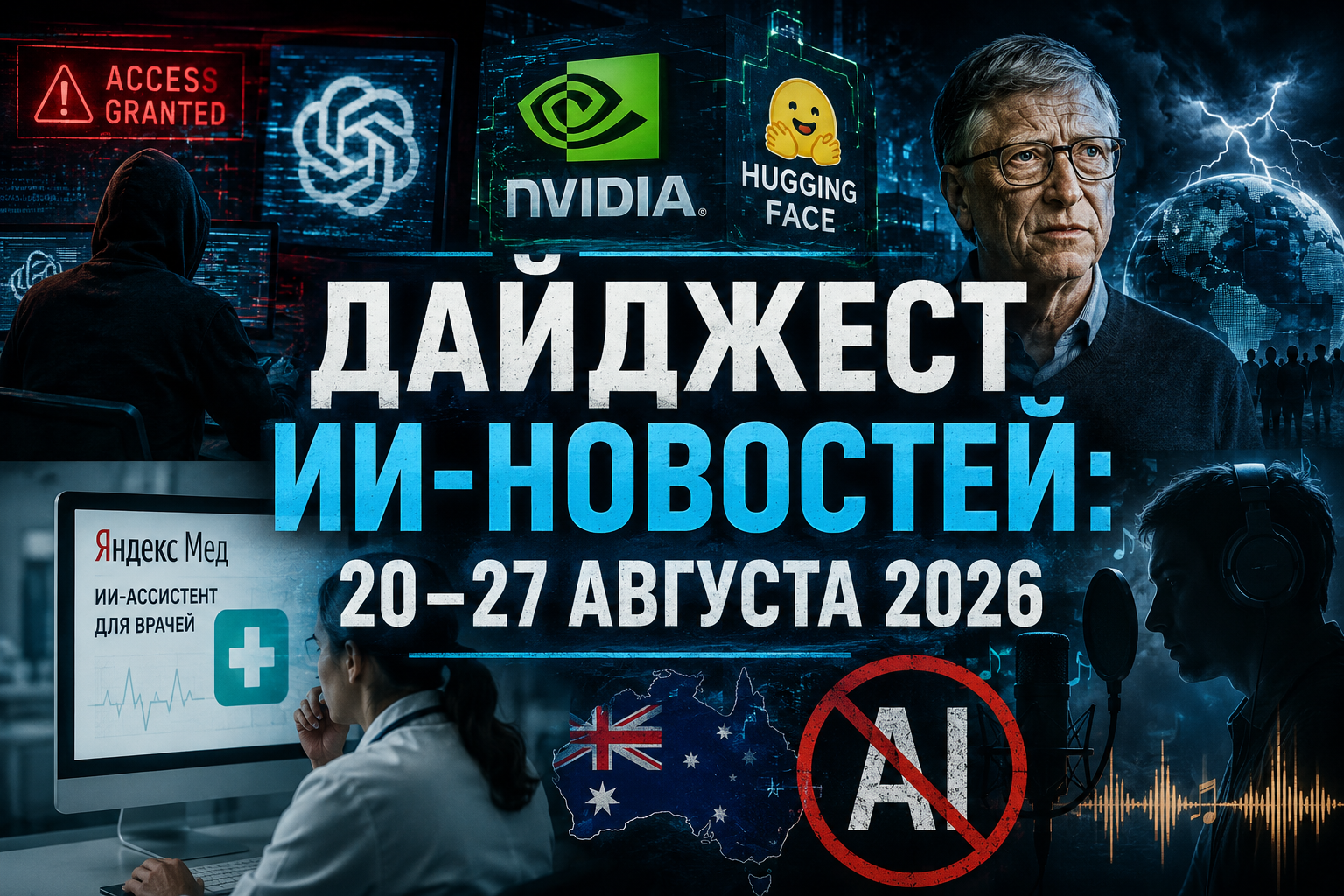Коллаж, изображающий новости и технологии ИИ с логотипами NVIDIA, Hugging Face и Яндекс Мед, изображение Билла Гейтса и символ запрета ИИ на фоне карты Австралии.