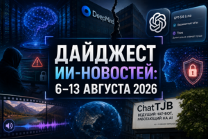Дайджест ИИ-новостей с 6 по 13 августа 2026 года, включающий изображения нейросети, искусственного интеллекта, безопасности данных и чат-бота ChatTJB.