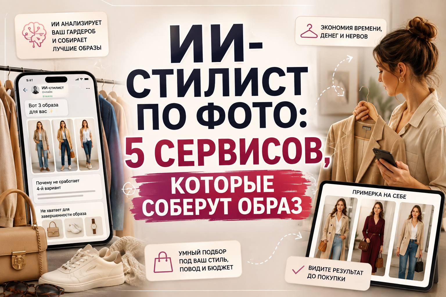Женщина выбирает одежду с помощью ИИ-стилиста, демонстрация приложений и примеры образов на фото.